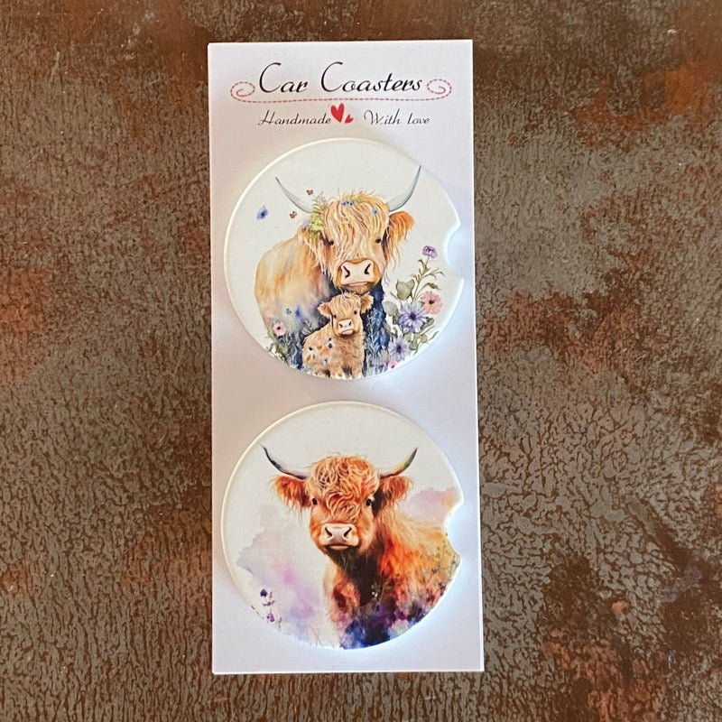 Highland Cow Watercolor Car Coaster