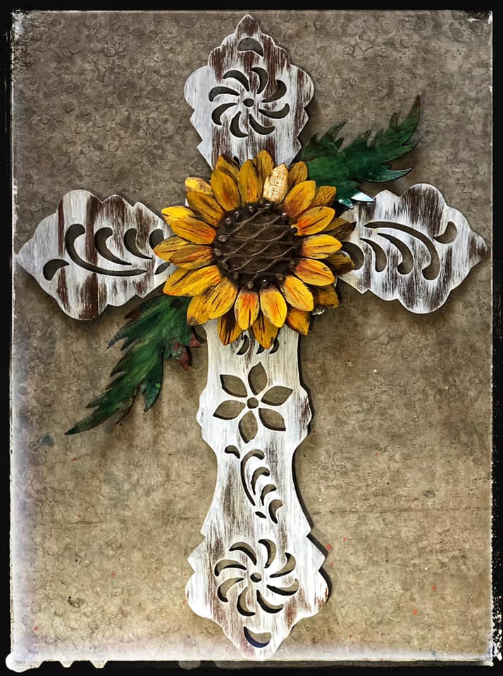 Filigree Cross with Sunflower Wall Art