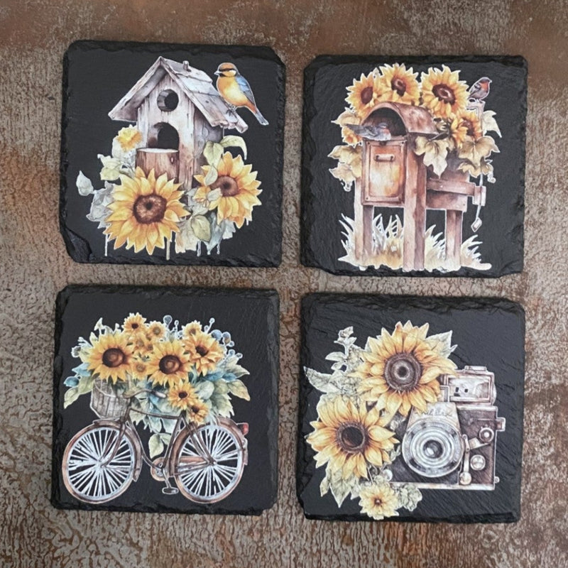 Sunflower Slate Coaster Set